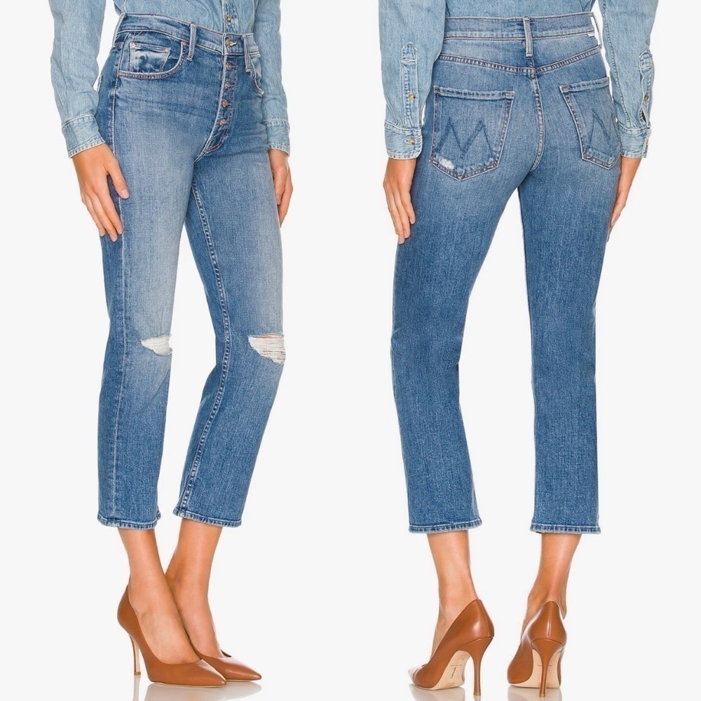MOTHER- The Pixie Tomcat Crop Jean Mid Wash in Not Cut & Pasted Distressed 26 - Picture 2 of 13